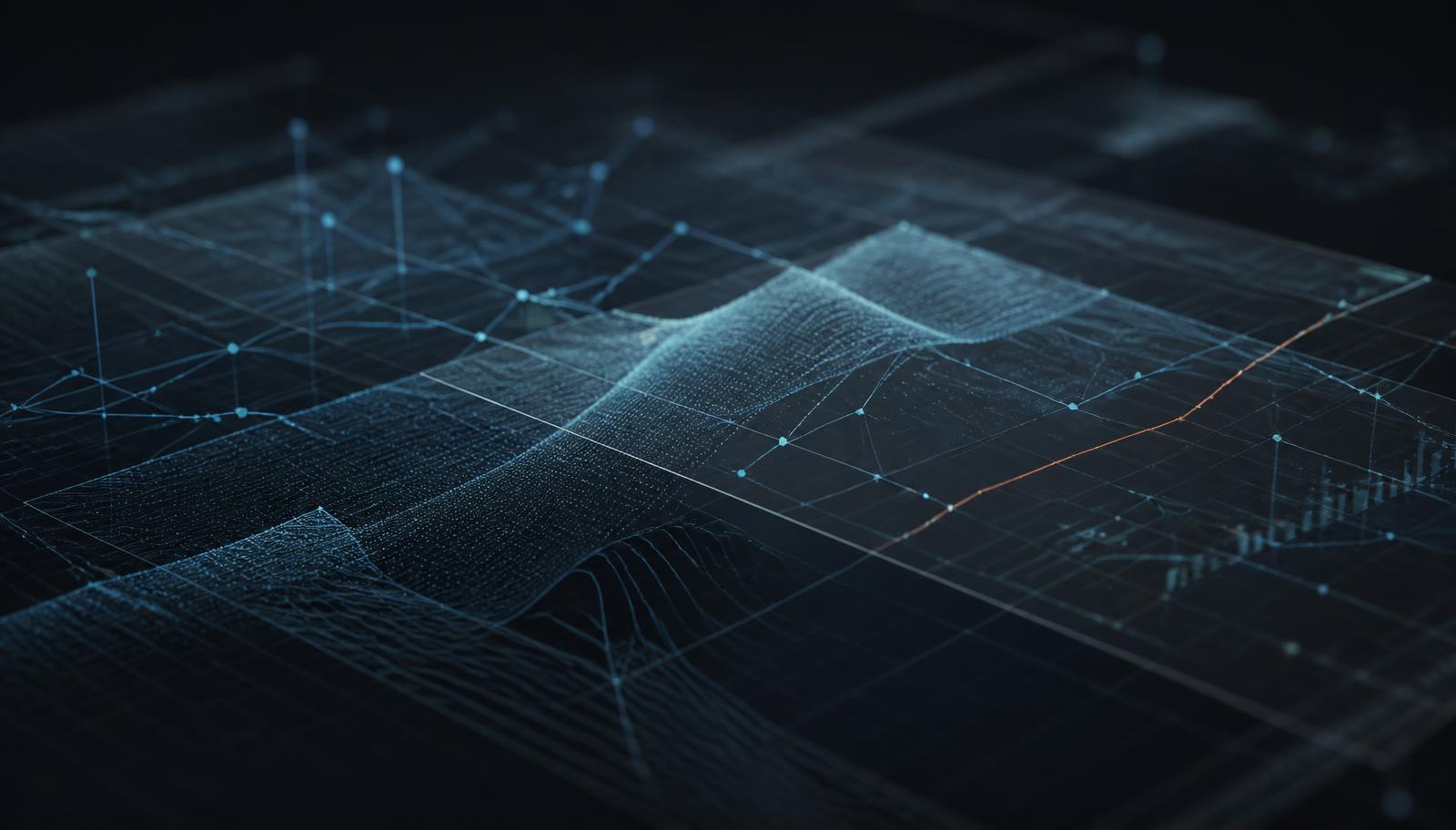 Composição abstrata de dados em azul-petróleo sobre fundo grafite