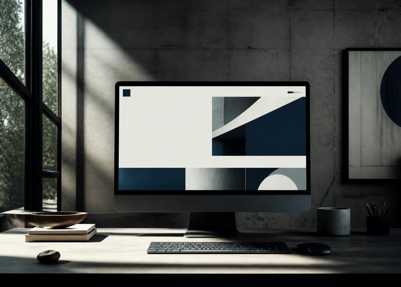 Estação de trabalho contemporânea com interface minimalista na tela